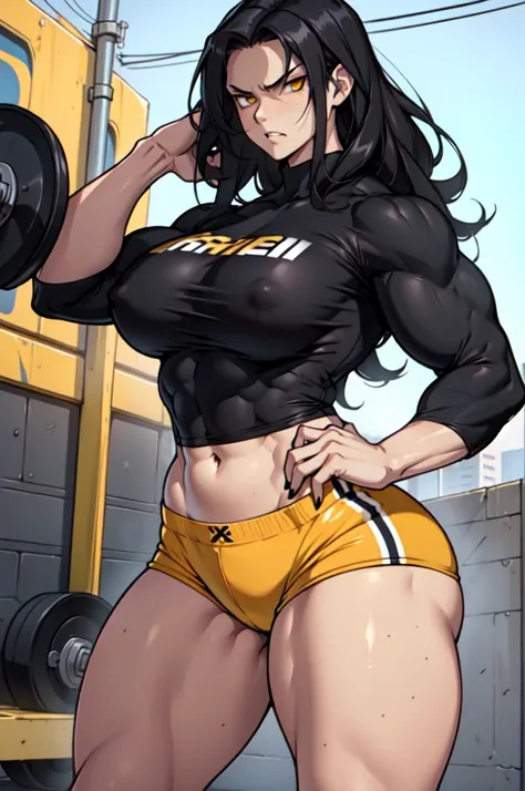 pale skin very long hair 1 girl black hair yellow eyes angry ((1 girl muscular toned body)) bodybuilder curvy wide hips thick thighs tight shirt huge 