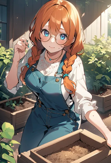 anime animation of a farm woman with blue eyes and orange hair in long twin braids wearing bronze round glasses and a small thin silver necklace with a turquoise stone and overalls with suspenders over a yellow frilly shirt. She has freckled skin and lots ...