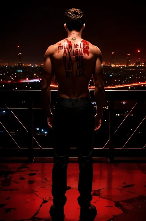 The man turned his back to him，Naked back，There are words on the back that are bleeding，The background is a big city，night