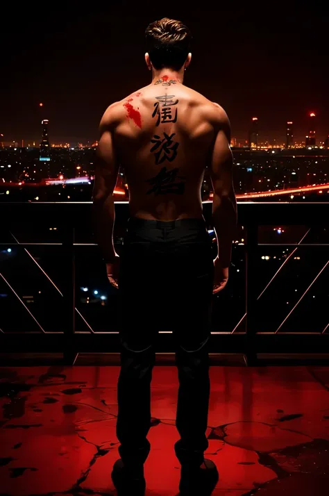 The man turned his back to him，Naked back，The Chinese characters on my back are bleeding，The background is a big city，night