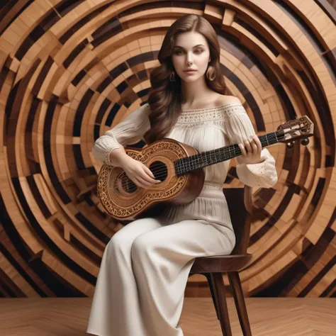 Geometric pattern, wood inlay, Western beauty sitting on a chair and playing a musical instrument, super delicate, photo, 3D