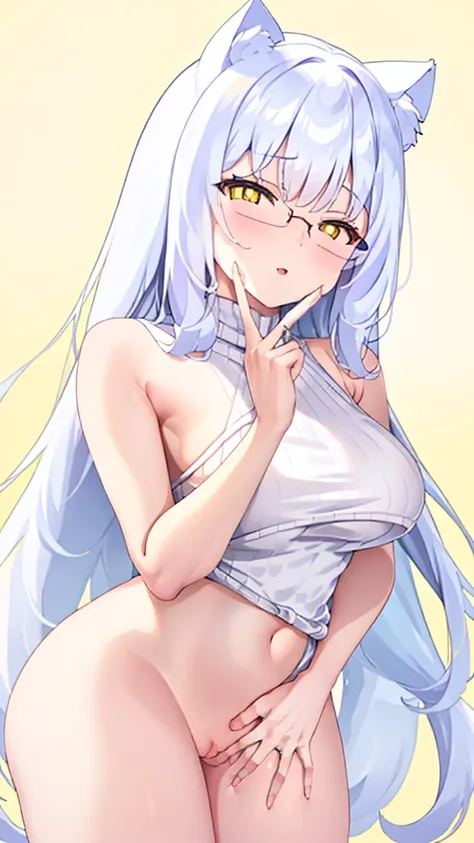 An 18 year old female angel with long, white hair, yellow eyes, white cat ears, and large white angel wings. yellow halo ring round white glasses (White halter turtleneck sweater, purekiller sweater, sleeveless, sexy backless sweater) white arm warmers Fin...