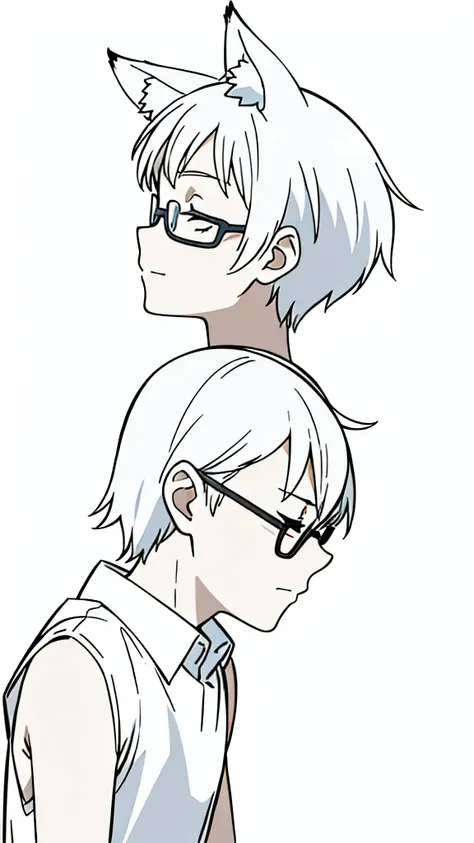 (1boy,10 years old,kid),solo,happy,white hair,short hair,fox ears,white shirt,sleeveless,upper body,(white background,line drawing),white glasses,profile,closed eyes,scared