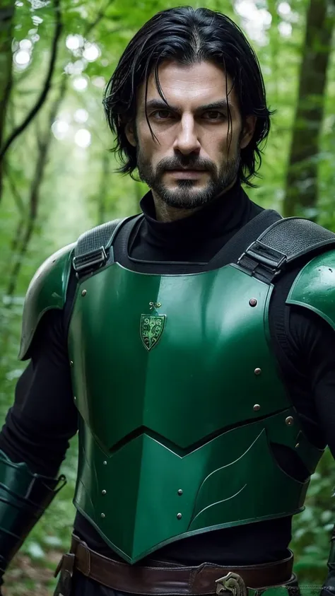 Italian handsome man, age 38, black hair , emerald eyes ,  fine nose, extremamente musculoso, with sinister black armor, holding a longsword, in a gloomy forest under the red moon 