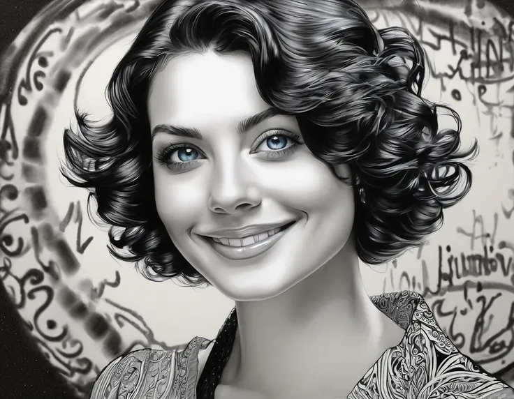 zoom portrait, fountain pen draauing of a Brunette auoman auith a gentle smile, short, slightly curly hair, auell-defined eyeBroaus, Beautiful [:light Blue:15] eyeballs, intricate lines, highy detailed, B&au, monochrome, black andwhite, graffit, pencil pai...