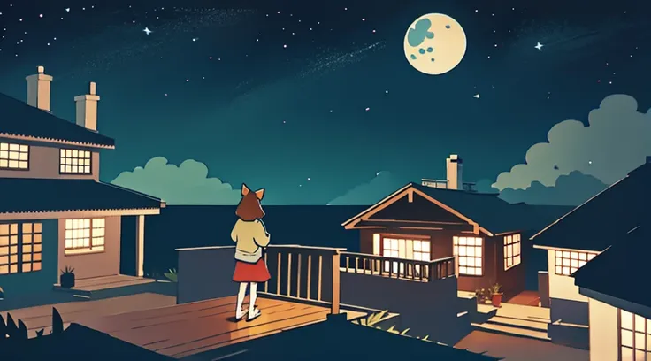 a girl sitting on a porch with a fox, with a view of the night sky