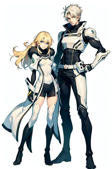 1 man and 1 women (tall man, slim, manly, dominate,  man has white messy hair, man has yellow eyes, tough, wearing a sci-fi outfit.) (a thin woman, long blonde hair, green eyes, wearing scifi outfit) best quality, adorable, ultra-detailed, illustration, co...