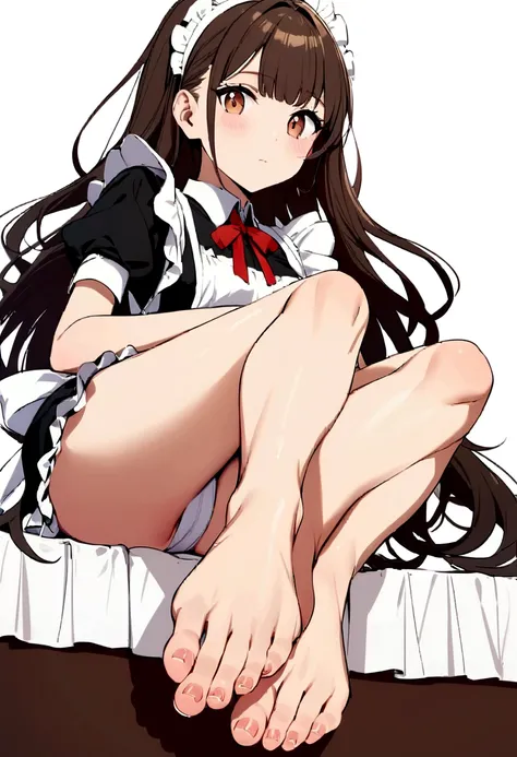 An anime maids sexy feet, feet first, each foot has "5 toes" and slightly red padded feet, although the maid has a sweet face, she is an adult girl.
Her hair is brown,
She shows the bottom of her feet and looks shyly towards the camera.