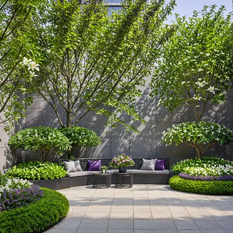 qlcd,tingyuan,no humans,scenery,tree,outdoors,bench,flower,chair,plant,day,shadow,this picture shows a modern style outdoor rest...