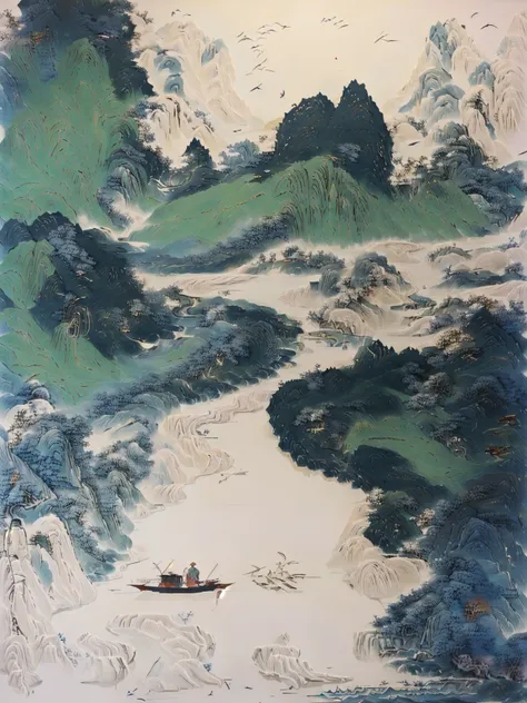 there is a painting，painting of a man in a boat on the river, inspired wu guanzhong, inspired by jujube, zhang daqian, qi sheng ...