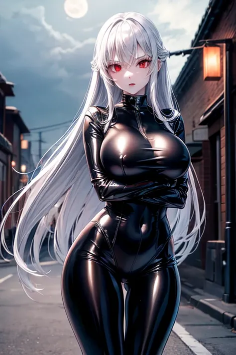 A girl, White skin, long silver hair, red eyes, wearing a tight black latex suit, big breasts, alley, evening, Moonlight, absurd, high resolution, ultra-sharp, 8k, Masterpiece, front view, looking at the viewer