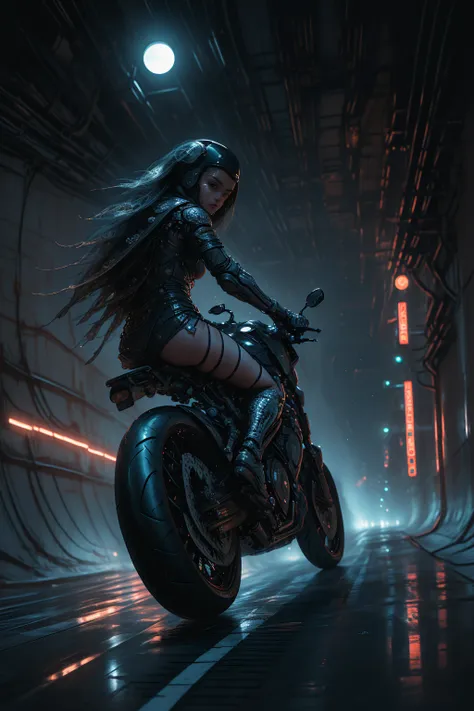 detailed cyberpunk motorcycle, futuristic motorcycle, riding on the road, motorcycle from behind, 1 person on motorcycle, intric...