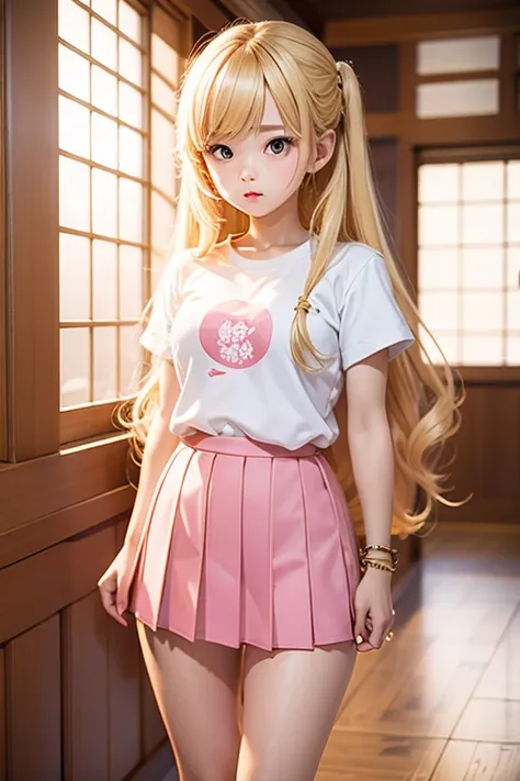 1 girl, standing alone, work of art, hair blonde,flat hair,long hair,pink lips, japanese school shirt, japanese skirt,cute and c...