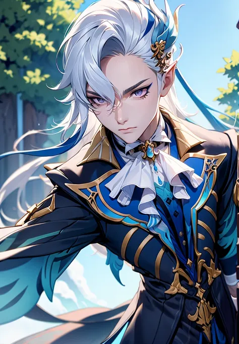 masterpiece, best quality, 1boy, neuvillette, blue hair, white hair, multicolored hair, hair between eyes, pointy ears, hair orn...