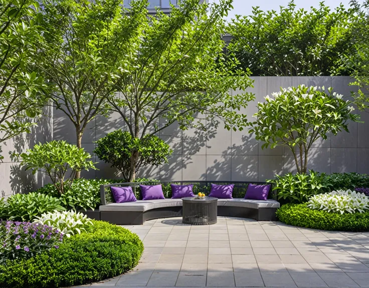 qlcd,tingyuan,no humans,scenery,tree,outdoors,bench,flower,chair,plant,day,shadow,this picture shows a modern style outdoor rest...