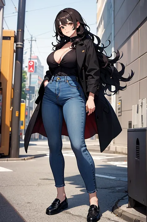 A 29-year-old girl with big marked tits, linda, Beautiful shirt, jeans, combers shoes, black wavy hair, Brown eyes, standing looking at the viewer, wide unbuttoned black coat. 