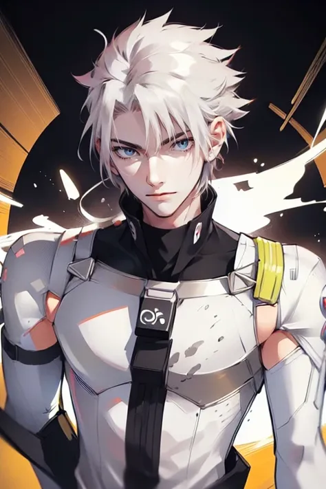 1 male (tall man, slim, manly, dominate,  white messy hair, yellow eyes, tough, wearing a sci-fi space outfit.) best quality, ultra-detailed, illustration, complex, detailed, extremely detailed, detailed face, soft light, soft focus, perfect face, illustra...