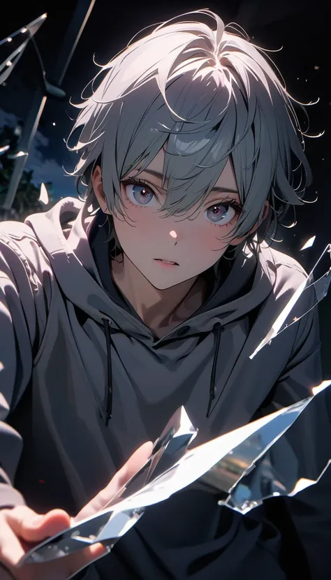 (8K, RAW photos, best quality, masterpiece: 1.4), (((The boy was broken all around)))，Ultra-high resolution, Extremely detailed, light, Panorama close-up, handsome boy, black eyes, (delicate eyes, Eyes are bright:1.2), Gray short hair, Fair skin,dark, Grey...