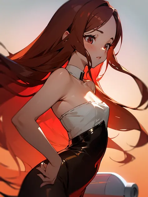 Brown red gradient long hair，childlike woman，Sexy，lure，tube top dress