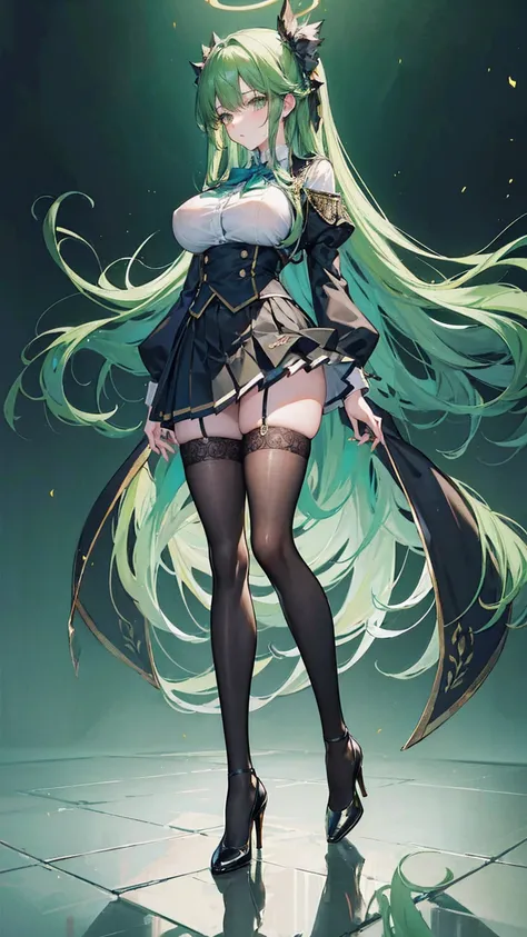 (masterpiece, top quality, best quality, official art, beautiful and aesthetic:1.0), (8k, best quality, masterpiece:1.2), very long hair,(full body:1.3), (large breasts:1.4), very long hair, high heels, black thighhighs, micro skirt, green hair, tall girl,...