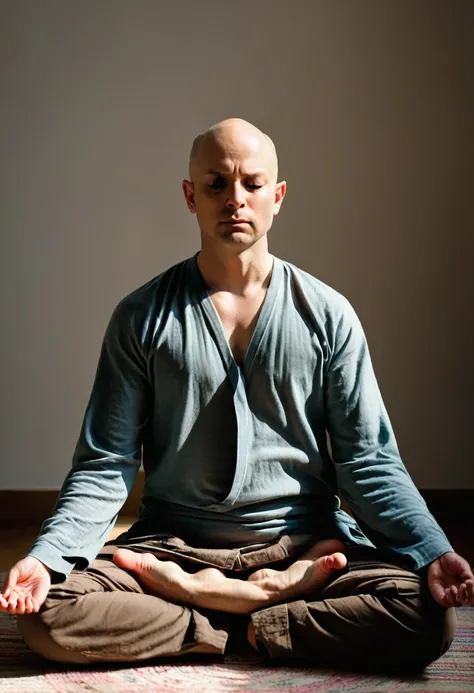 A realistic photograph of a 30-year-old bald man meditating