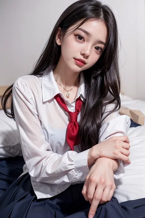 (spreading her legs for the camera:1.5)、(lying on your back on the bed:1.8)、（the skirt is turned up）、（I can see my pants:1.8）、((No makeup:1.2))、(open school uniform:1.8)、（nude clothing）、(realistic、Photoreal、super detailed、best detailed skins、highest qualit...