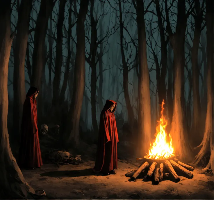 men wearing ritualistic robes around a bonfire in a night forest, macabre cult, horror film photography