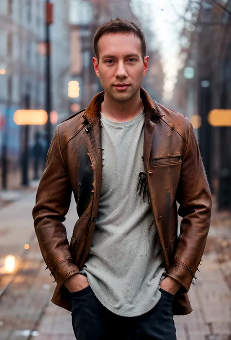 Portrait photo of a handsome male full body photo, perfect eyes, wearing a shabby mecha coat, ((light bokeh)), intricate, (steel metal [rust]), elegant, sharp focus, photo by Greg Rutkovsky, soft lighting, bright colors, masterpiece, (street)), detailed re...