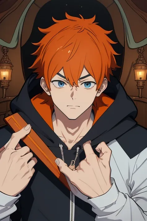 a person in a hoodie, orange - haired anime boy, kentaro miura manga art style, kentaro miura art style, handsome guy in demon slayer art, kentaro miura manga style, kentaro miura art, kentaro miura style, tall anime guy with blue eyes, archie andrews