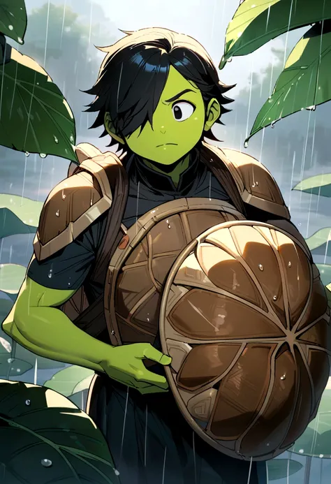 male kappa, black hair covering one eye, big round black eyes, yellow beak, green skin, brown turtle shell on back, holds lotus leaf to shield from rain, thin body