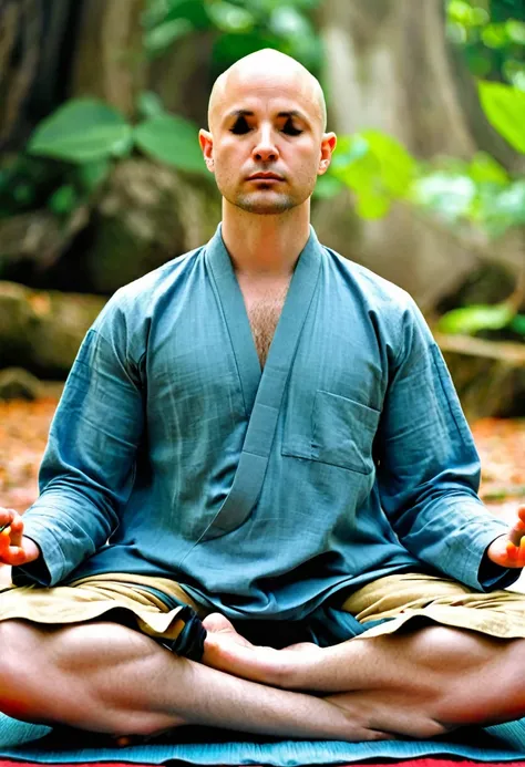 A realistic photograph of a 30-year-old bald man meditating