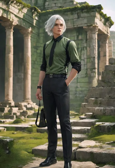 A man with a toned body, motorcycle, Solitary, White hair, Moss green tone hair, short hair, ((Black and gray social shirt, Black and gray trousers)), Black social shoes, Serious look, Light green eyes, Ancient ruins, Black Tie.