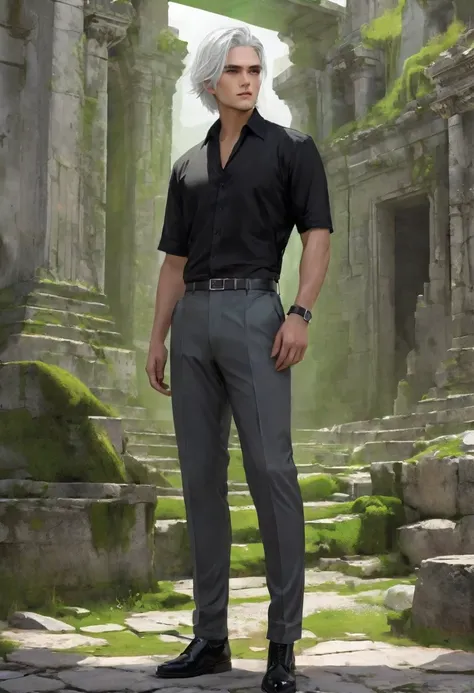 A man with a toned body, motorcycle, Solitary, White hair, Moss green tone hair, short hair, ((Black and gray social shirt, Black and gray trousers)), Black social shoes, Serious look, Light green eyes, Ancient ruins, Black Tie.