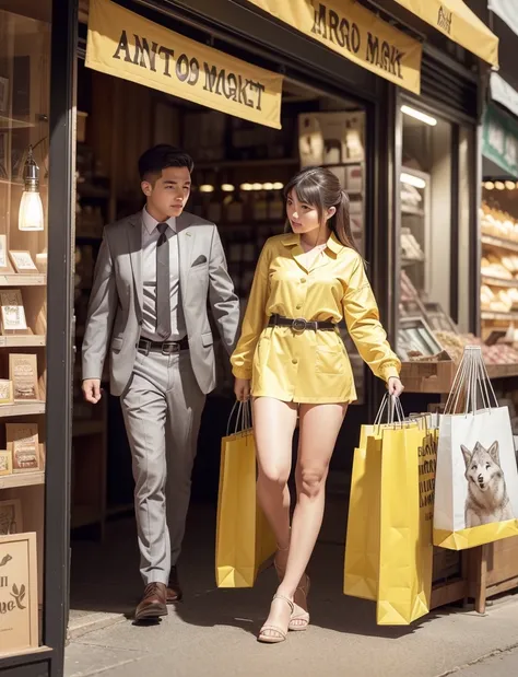 a wolf with human female body fully covered,shopping at long outdoor animal market,night:1.4,ancient shop theme:1.4,(realistic lighting effects:1.4,raw photo,wear loose bright yellow formal suit,masterpiece:1.2, best quality:1.4,photorealistic:1.4