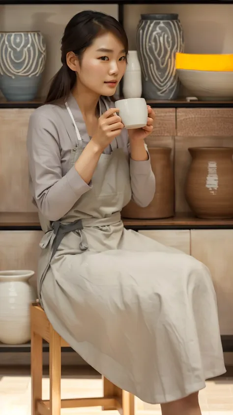 there is a woman sitting on a chair holding a cup, designed for cozy aesthetics!, woman drinking coffee, sitting on a mocha-colo...