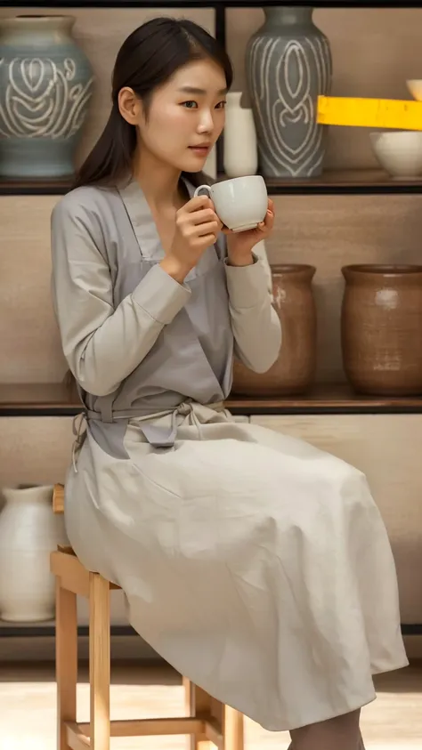 there is a woman sitting on a chair holding a cup, designed for cozy aesthetics!, woman drinking coffee, sitting on a mocha-colo...