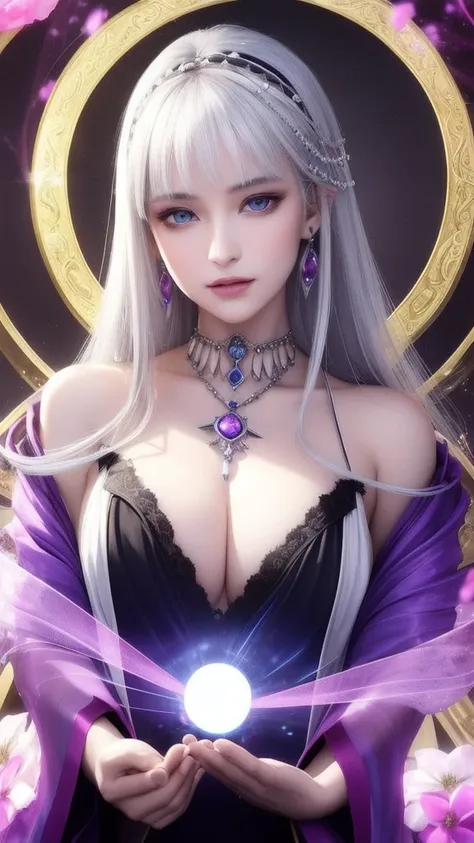 (masterpiece, top quality, 1 female, solo, exquisite details, chromatic aberration), (realistic), (skin), ((breathing)), (silver hair, blunt bangs, short straight long hair, short bangs, silver hair), beautiful hair, red headdress, blue highlights, hair on...