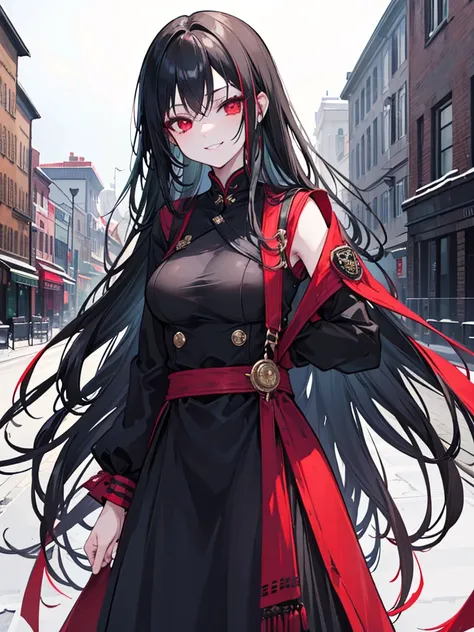 woman, red eyes, long curry wauy black hair ombre green. wear black uniform winter, arrogant, independent woman. background in town. she is vampire. sadistic smile. IDOL.