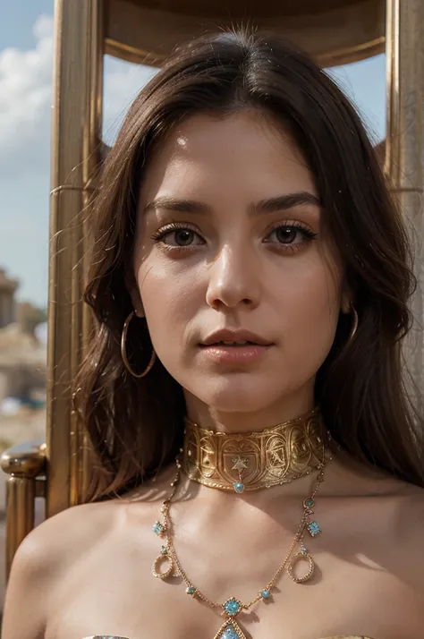 1girl in, 30 years old, Square face, Long hair, Looking at viewer, jewelry, Realistic, Sexy, Greek gods costume, temple - throne-sky-cloud , free pose