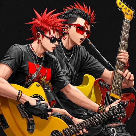 boy, bright skin, red and yellow mohawk, lip piercing, black glasses with spikes, black T-shirt, guitar