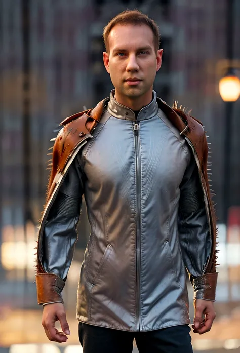 Todder8 Portrait photo of a handsome male full body photo, perfect eyes, wearing a shabby mecha coat, ((light bokeh)), intricate, (steel metal [rust]), elegant, sharp focus, photo by Greg Rutkovsky, soft lighting, bright colors, masterpiece, (street)), det...