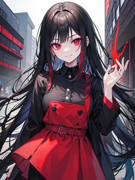 woman, red eyes, long curry wauy black hair ombre green. wear black uniform winter, arrogant, independent woman. background in town. she is vampire. sadistic smile. IDOL.