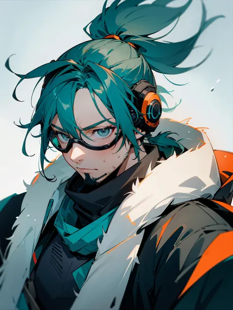 1male, adult, grey eyes, goggles, teal hair, messy hair, pony tail, long hair, scarf, headphones, techwear, snow, serious, stubble