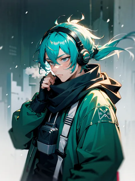 1male, adult, grey eyes, goggles, teal hair, messy hair, pony tail, long hair, scarf, headphones, techwear, snow, serious, stubble, lean build