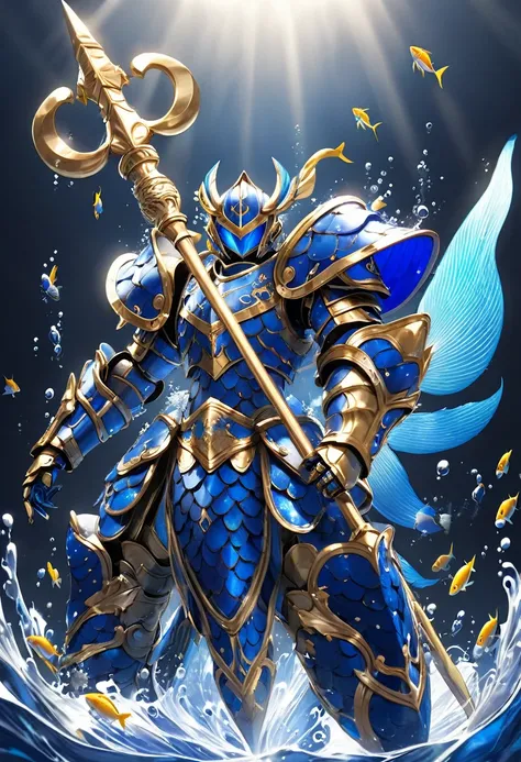 deep blue metal armor made of fish scales wielding a gold and blue trident that has water floating around it