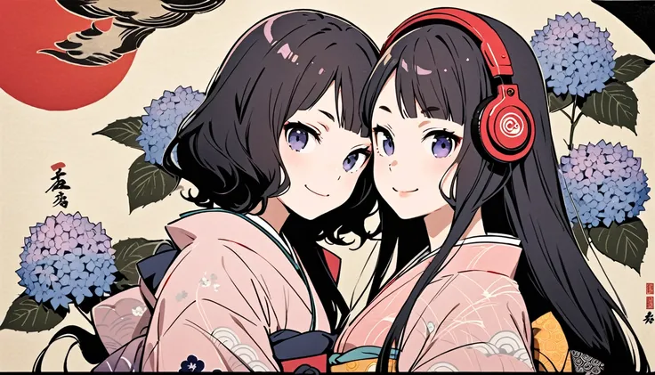 Highest quality, Katsushika Hokusai, Ink Painting, (((very straight longhair))), (((hydrangea))), (((Pale pink kimono))), (((smile))), Japanese style headphones, beautiful girl, Black Hair, Delicate and precise, Modern ukiyo-e style