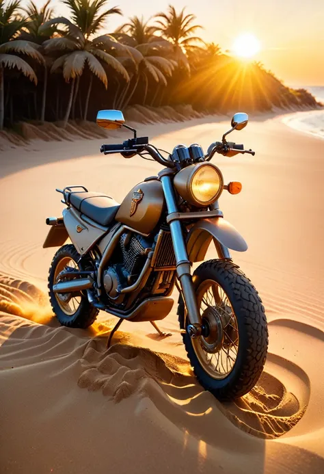 a beach, a sand motorcycle, golden hour, dramatic lighting, cinematic, vibrant colors, detailed skin, high quality, 8k, photorea...