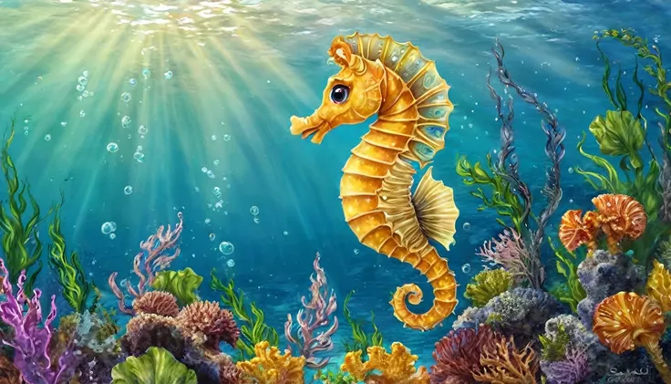 儿童插画Seahorse，可爱Seahorse，Seahorse，Ocean background，masterpiece，（Best quality），背景是Ocean Theme，Incorporating natural elements，（Ocean Theme），可爱的Seahorse插画