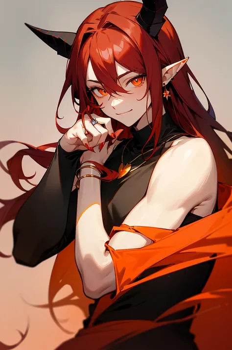 masterpiece, ssambatea, 1boy, solo,long hair, looking at viewer, smile, simple background, hair between eyes, jewelry, closed mouth, upper body, flower, red hair, horns, pointy ears, hand up, necklace, orange eyes, gradient, gradient background, clothing c...