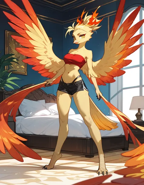 score_9, score_8_up, score_7_up, an Anthro phoenix girl, avian female, red and yellow body, spikey yellow hair, wearing elegant Haori, red bandeau, black short shorts, barefoot, standing, closed wings, yellow eyes, indoors, on a bed, seductive